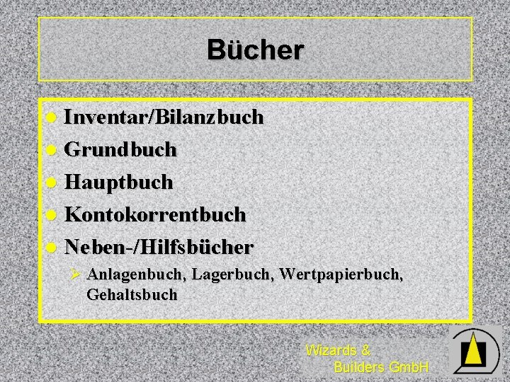 Bücher Inventar/Bilanzbuch l Grundbuch l Hauptbuch l Kontokorrentbuch l Neben-/Hilfsbücher l Ø Anlagenbuch, Lagerbuch,