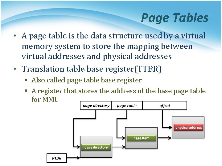 Page Tables • A page table is the data structure used by a virtual
