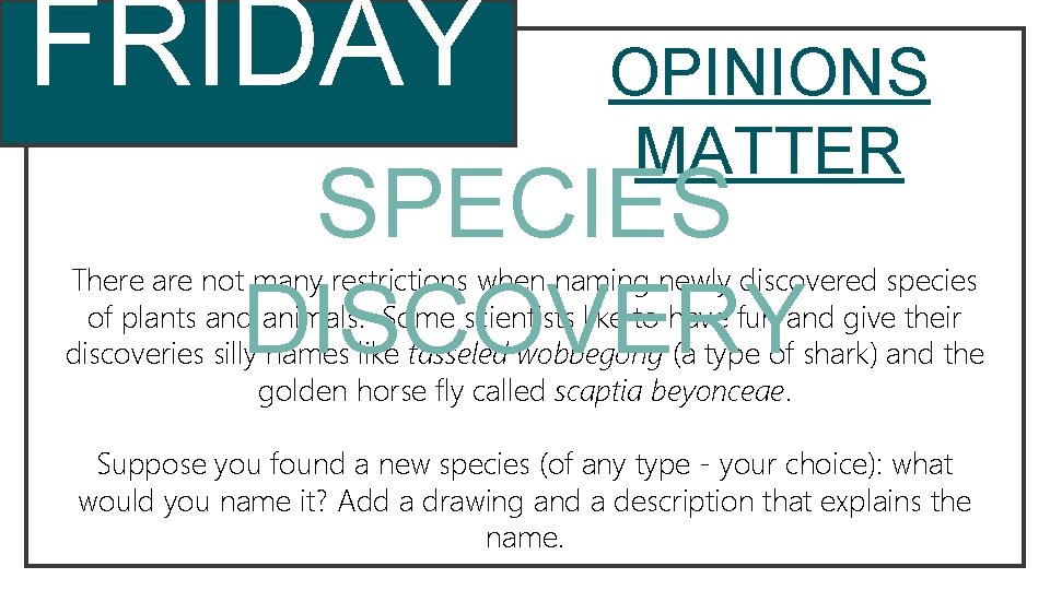 FRIDAY OPINIONS MATTER SPECIES DISCOVERY There are not many restrictions when naming newly discovered