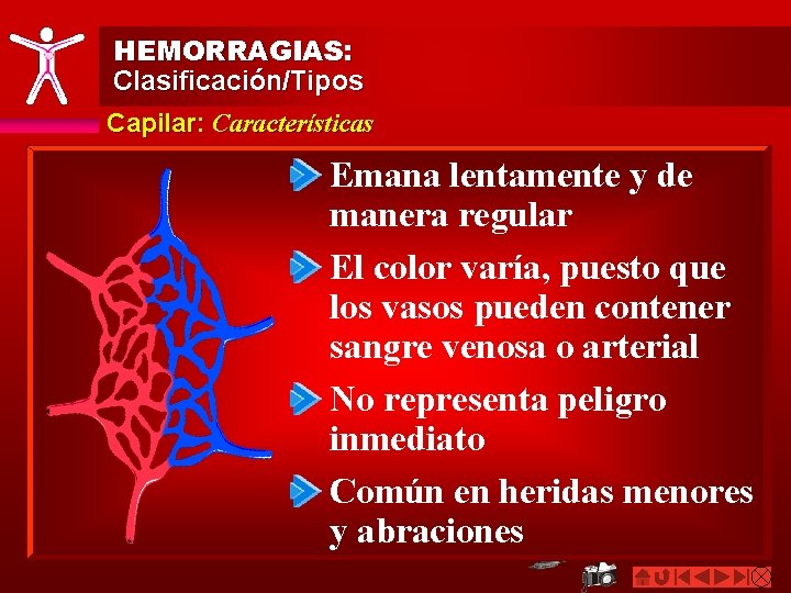 HEMORRAGIAS: Clasificación/Tipos Capilar: Características Emana lentamente y de manera regular El color varía, puesto