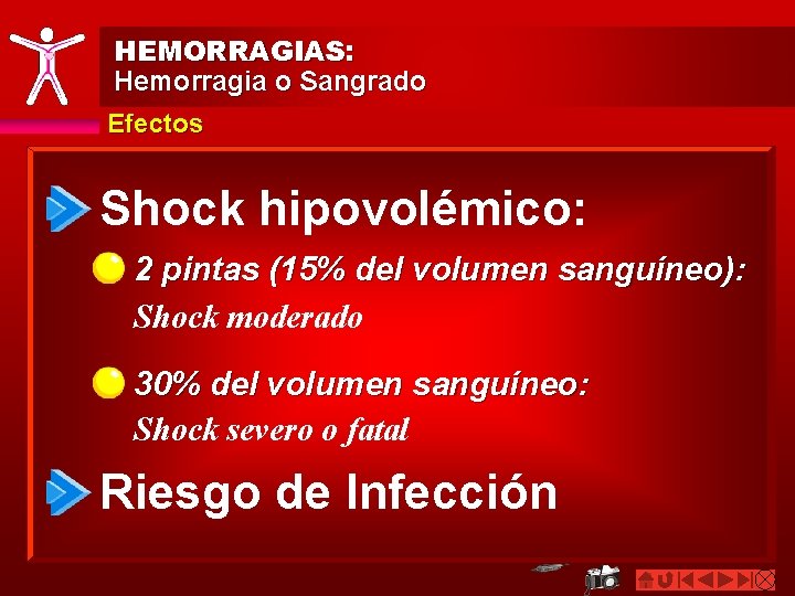 HEMORRAGIAS: Hemorragia o Sangrado Efectos Shock hipovolémico: 2 pintas (15% del volumen sanguíneo): Shock