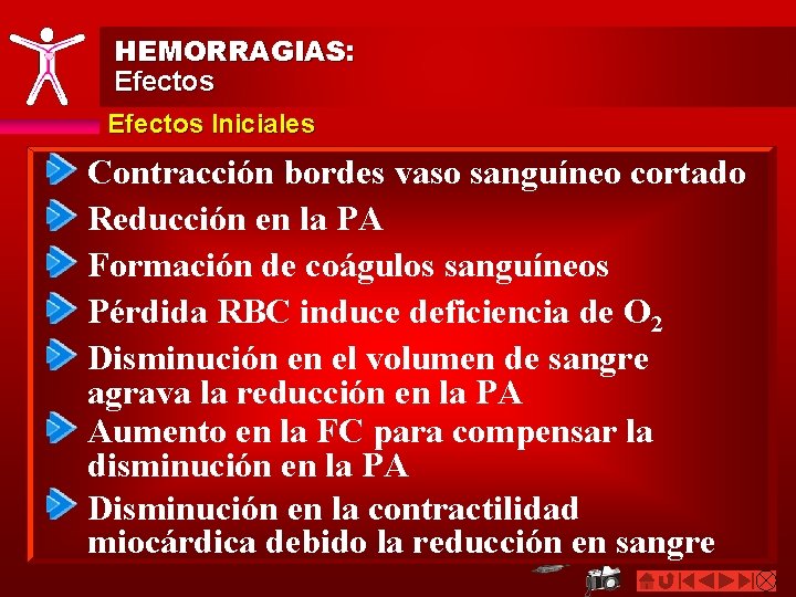 HEMORRAGIAS: Efectos Iniciales Contracción bordes vaso sanguíneo cortado Reducción en la PA Formación de