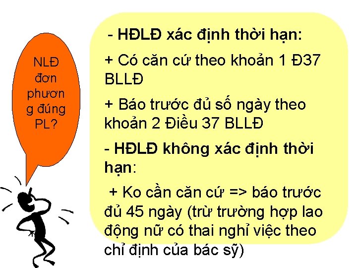- HĐLĐ xác định thời hạn: NLĐ đơn phươn g đúng PL? + Có