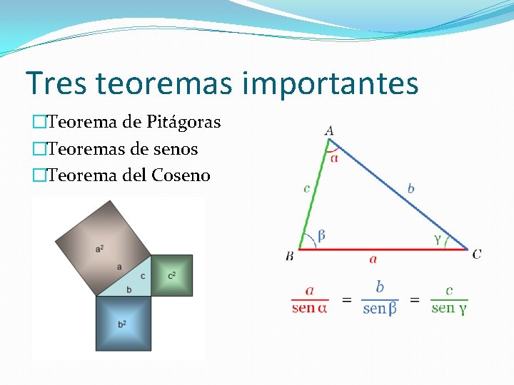 Tres teoremas importantes �Teorema de Pitágoras �Teoremas de senos �Teorema del Coseno 