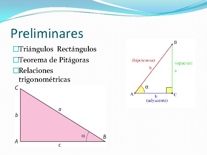 Preliminares �Triángulos Rectángulos �Teorema de Pitágoras �Relaciones trigonométricas 