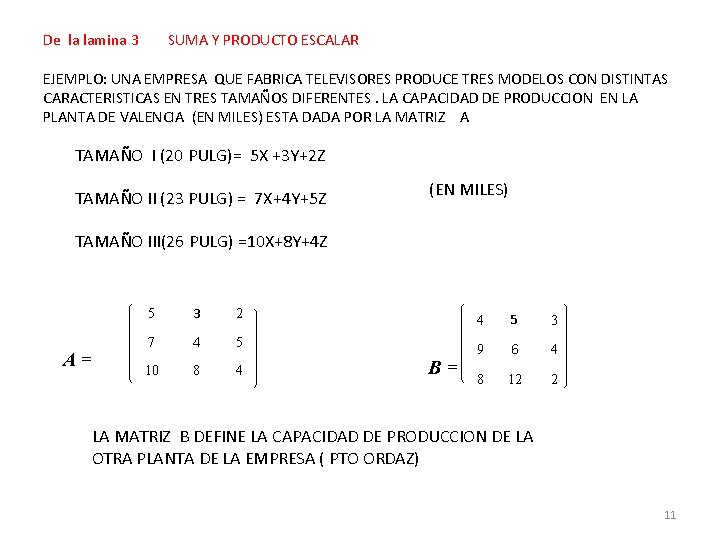 De la lamina 3 SUMA Y PRODUCTO ESCALAR EJEMPLO: UNA EMPRESA QUE FABRICA TELEVISORES