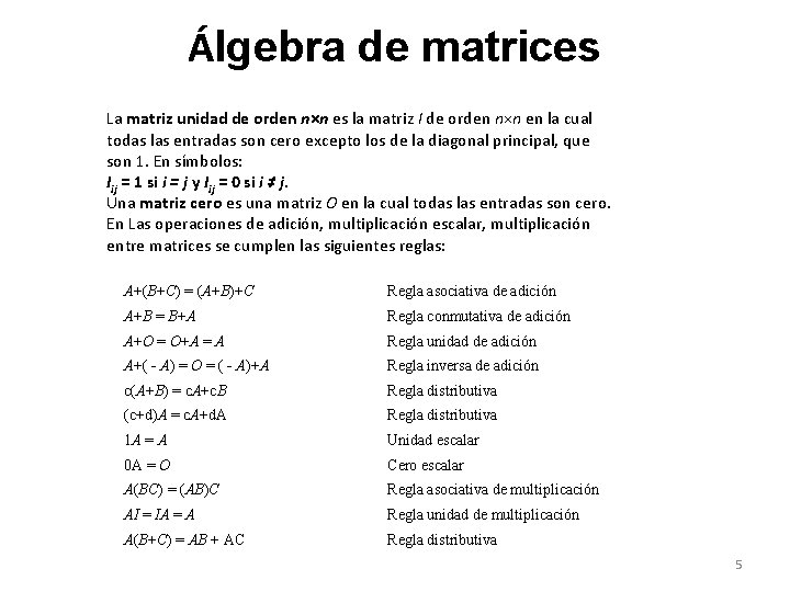 Álgebra de matrices La matriz unidad de orden n×n es la matriz I de