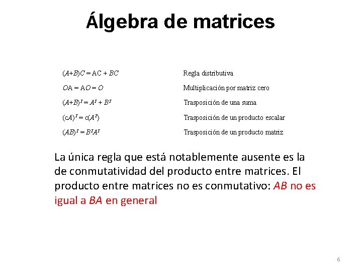 Álgebra de matrices (A+B)C = AC + BC Regla distributiva OA = AO =