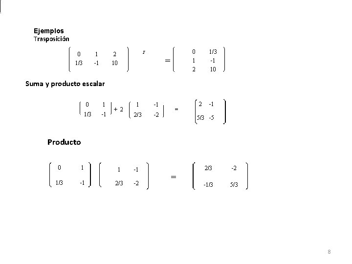 Ejemplos Trasposición T 0 1 2 = 1/3 -1 10 0 1/3 1 -1