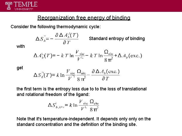 Reorganization free energy of binding Consider the following thermodynamic cycle: Standard entropy of binding