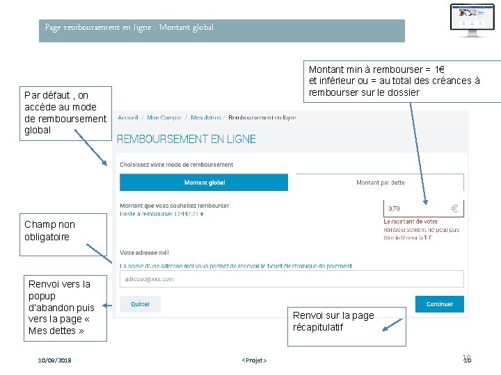 Page remboursement en ligne : Montant global Montant min à rembourser = 1€ et