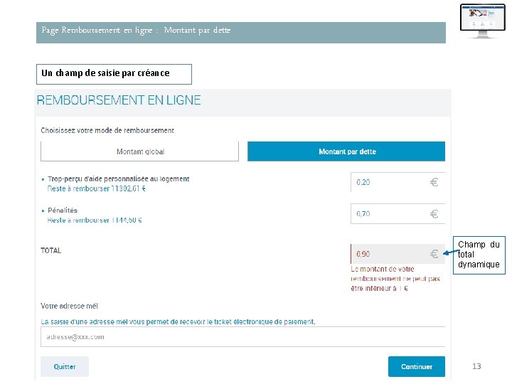 Page Remboursement en ligne : Montant par dette Un champ de saisie par créance