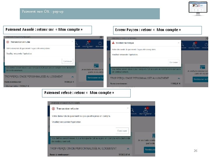Paiement non OK : pop-up Paiement Annulé : retour sur « Mon compte »