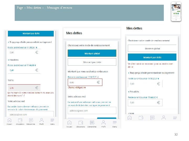 Page « Mes dettes » : Messages d’erreurs 32 