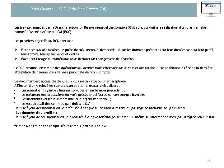 Mon Compte – RCC (Relevé de Compte Caf) Les travaux engagés par la Branche