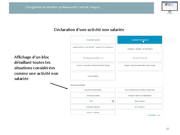 Changement de situation professionnelle (activité unique) Déclaration d’une activité non salariée Affichage d’un bloc