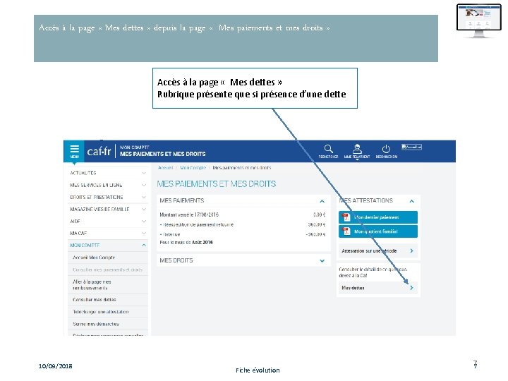 Accès à la page « Mes dettes » depuis la page « Mes paiements