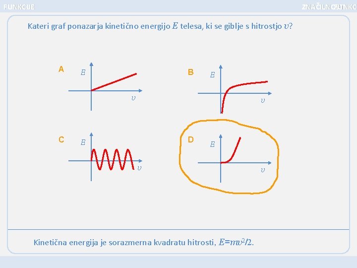FUNKCIJE ZNAČILNOSTI FUNKC Kateri graf ponazarja kinetično energijo E telesa, ki se giblje s