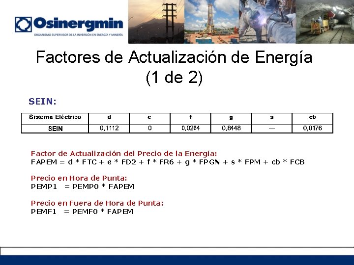 Factores de Actualización de Energía (1 de 2) SEIN: Factor de Actualización del Precio