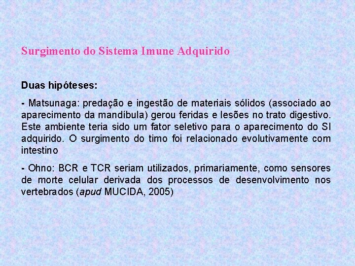  Surgimento do Sistema Imune Adquirido Duas hipóteses: - Matsunaga: predação e ingestão de