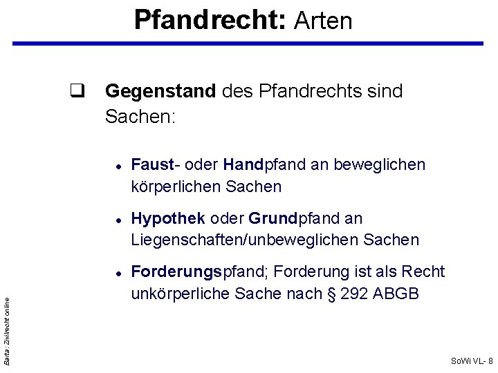 Pfandrecht: Arten Gegenstand des Pfandrechts sind Sachen: Barta: Zivilrecht online Faust- oder Handpfand an