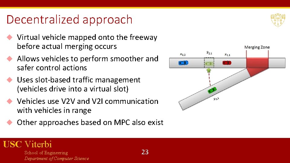 Decentralized approach Virtual vehicle mapped onto the freeway before actual merging occurs Allows vehicles