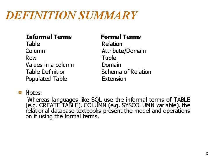 DEFINITION SUMMARY Informal Terms Table Column Row Values in a column Table Definition Populated