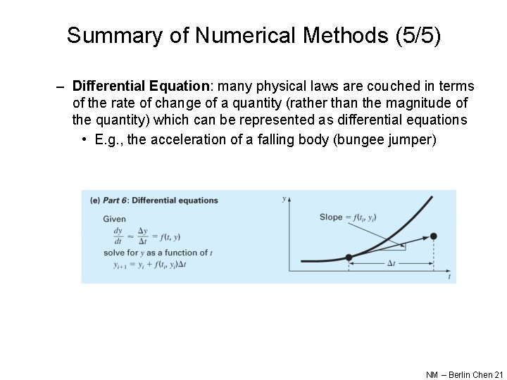 Summary of Numerical Methods (5/5) – Differential Equation: many physical laws are couched in