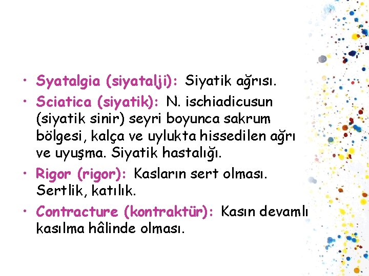  • Syatalgia (siyatalji): Siyatik ağrısı. • Sciatica (siyatik): N. ischiadicusun (siyatik sinir) seyri