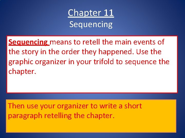 Chapter 11 Sequencing means to retell the main events of the story in the
