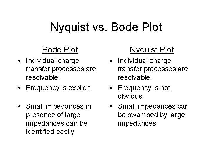 Nyquist vs. Bode Plot Nyquist Plot • Individual charge transfer processes are resolvable. •