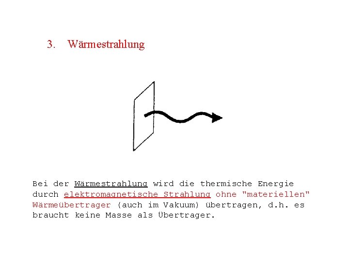 3. Wärmestrahlung Bei der Wärmestrahlung wird die thermische Energie durch elektromagnetische Strahlung ohne "materiellen"