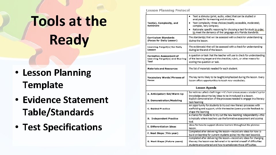 Tools at the Ready • Lesson Planning Template • Evidence Statement Table/Standards • Test