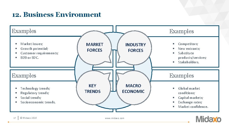 12. Business Environment Examples § § Market issues; Growth potential; Customer requirements; B 2