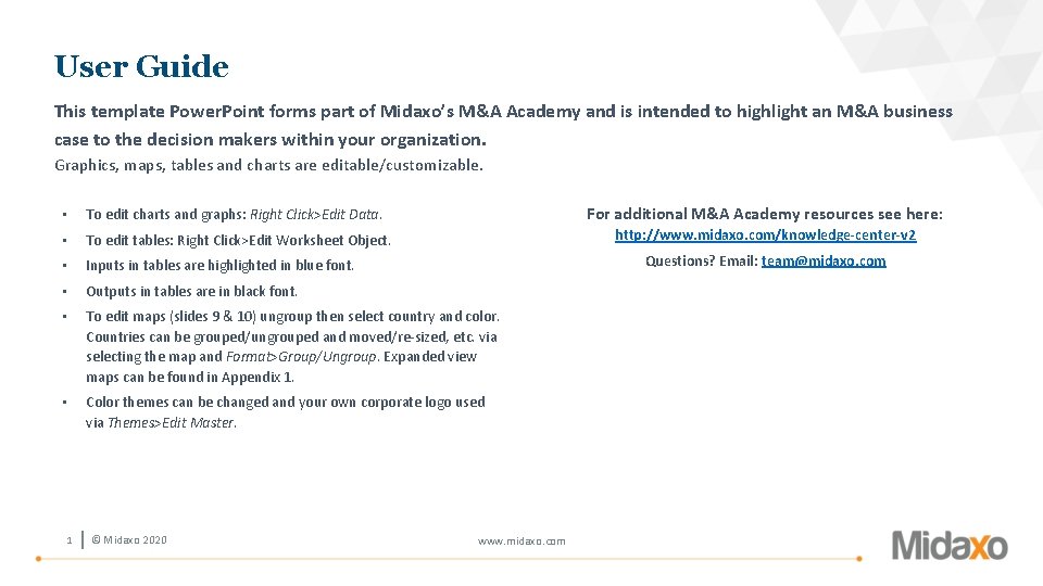 User Guide This template Power. Point forms part of Midaxo’s M&A Academy and is