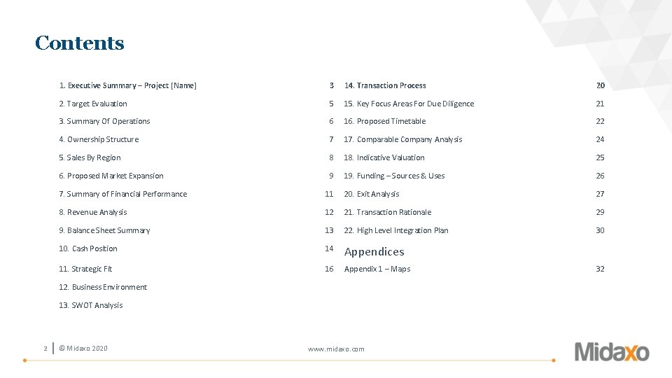 Contents 1. Executive Summary – Project [Name] 3 14. Transaction Process 20 2. Target