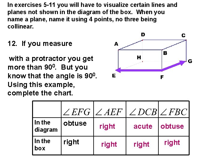 In exercises 5 -11 you will have to visualize certain lines and planes not