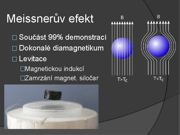 Meissnerův efekt � Součást 99% demonstrací � Dokonalé diamagnetikum � Levitace �Magnetickou indukcí �Zamrzání