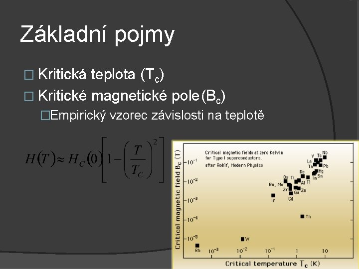 Základní pojmy � Kritická teplota (Tc) � Kritické magnetické pole(Bc) �Empirický vzorec závislosti na