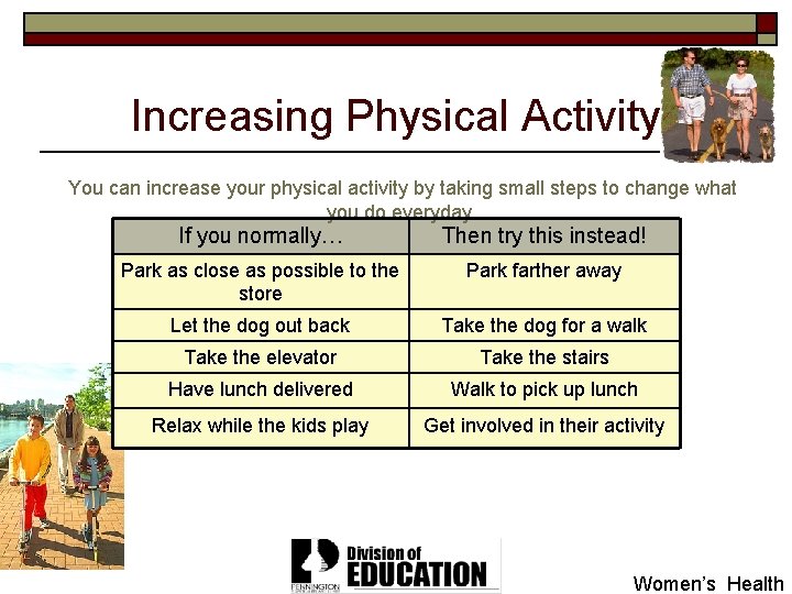 Increasing Physical Activity You can increase your physical activity by taking small steps to