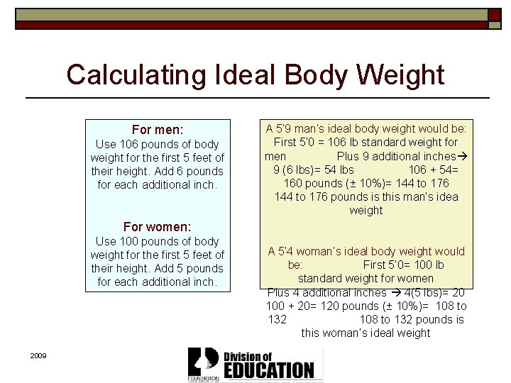 Calculating Ideal Body Weight For men: Use 106 pounds of body weight for the