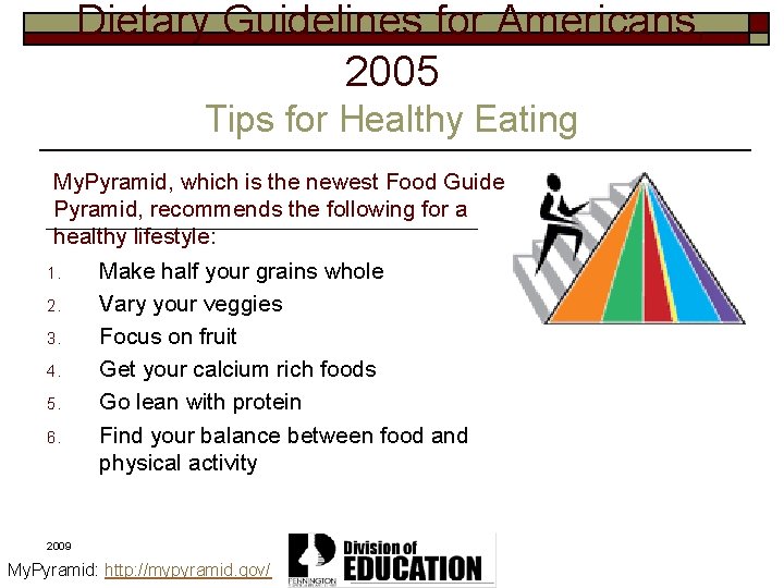 Dietary Guidelines for Americans, 2005 Tips for Healthy Eating My. Pyramid, which is the