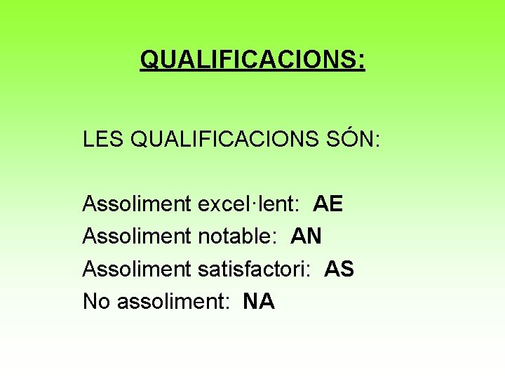 QUALIFICACIONS: LES QUALIFICACIONS SÓN: Assoliment excel·lent: AE Assoliment notable: AN Assoliment satisfactori: AS No