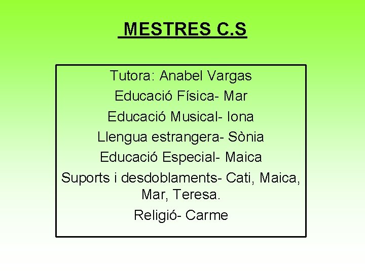 MESTRES C. S Tutora: Anabel Vargas Educació Física- Mar Educació Musical- Iona Llengua estrangera-