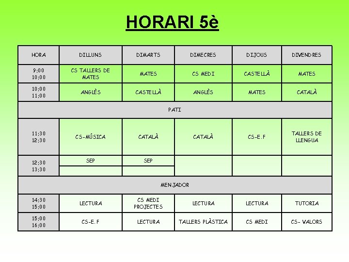 HORARI 5è HORA DILLUNS DIMARTS DIMECRES DIJOUS DIVENDRES 9: 00 10: 00 CS TALLERS