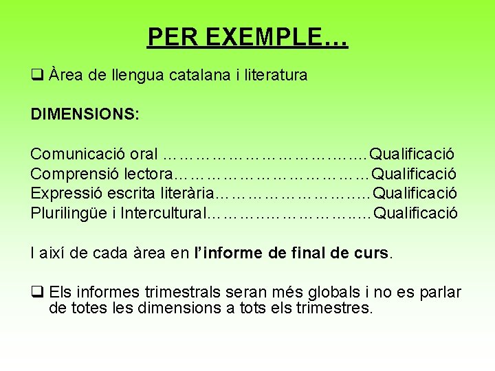 PER EXEMPLE… q Àrea de llengua catalana i literatura DIMENSIONS: Comunicació oral ……………. ….