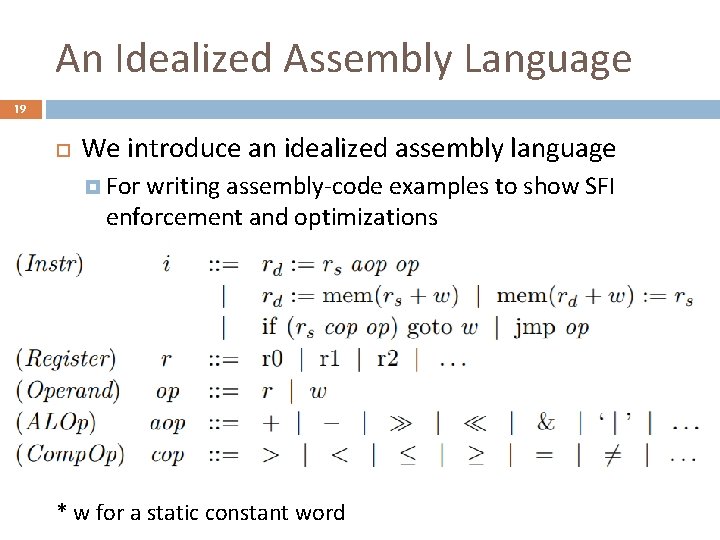 An Idealized Assembly Language 19 We introduce an idealized assembly language For writing assembly-code