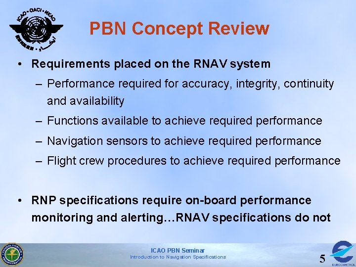PBN Concept Review • Requirements placed on the RNAV system – Performance required for