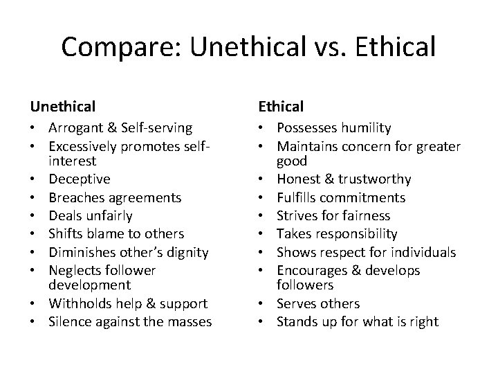 Compare: Unethical vs. Ethical Unethical Ethical • Arrogant & Self-serving • Excessively promotes selfinterest