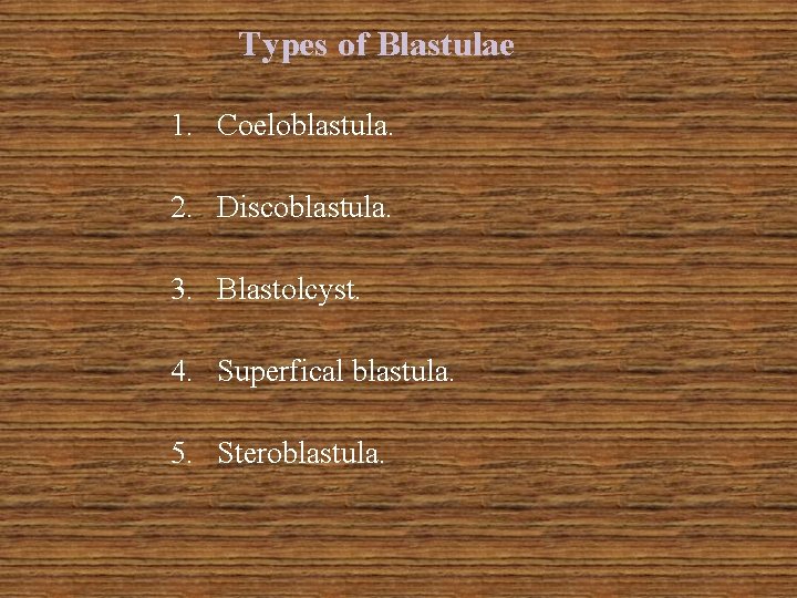Types of Blastulae 1. Coeloblastula. 2. Discoblastula. 3. Blastolcyst. 4. Superfical blastula. 5. Steroblastula.